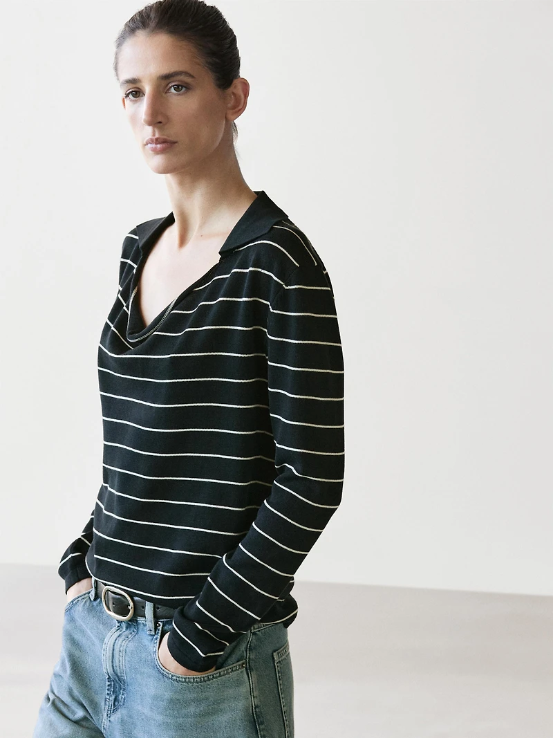 Cotton striped knit polo sweater
