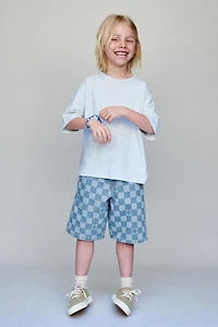 CHECKERBOARD DENIM SHORTS