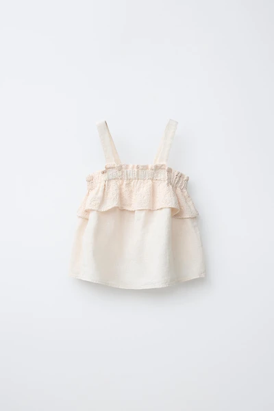 EMBROIDERED FLORAL LINEN COTTON BLEND TOP