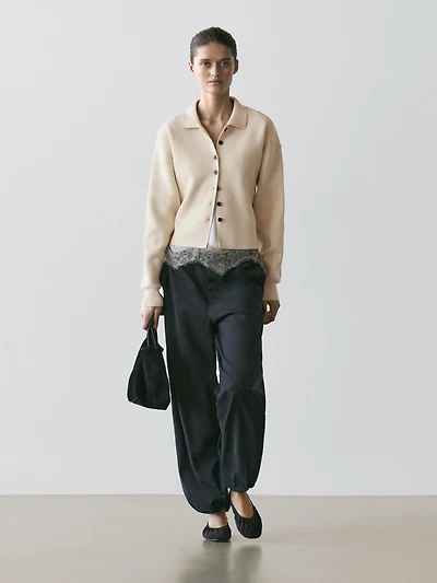 Cotton knit polo collar cardigan