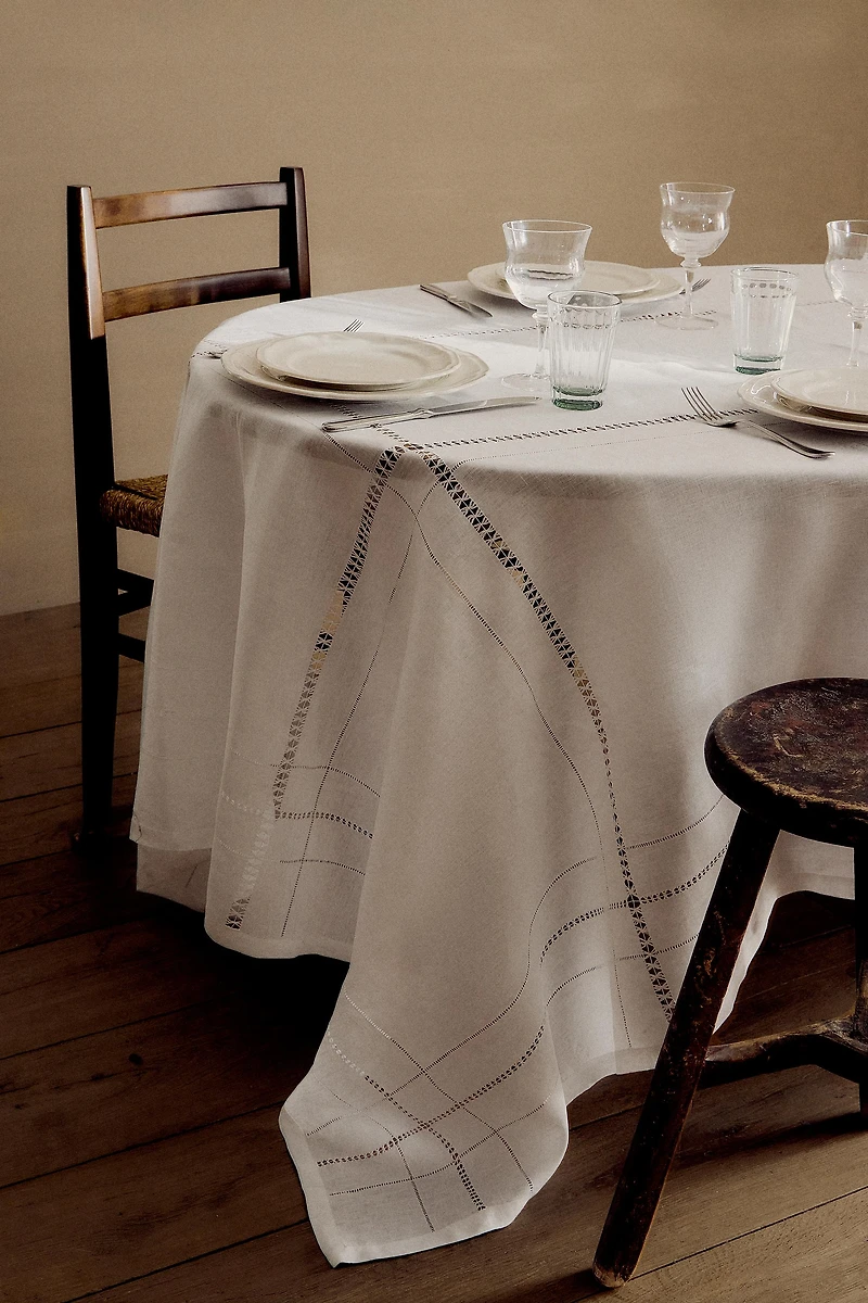 EMBROIDERED LINEN HEMSTITCHED TABLECLOTH