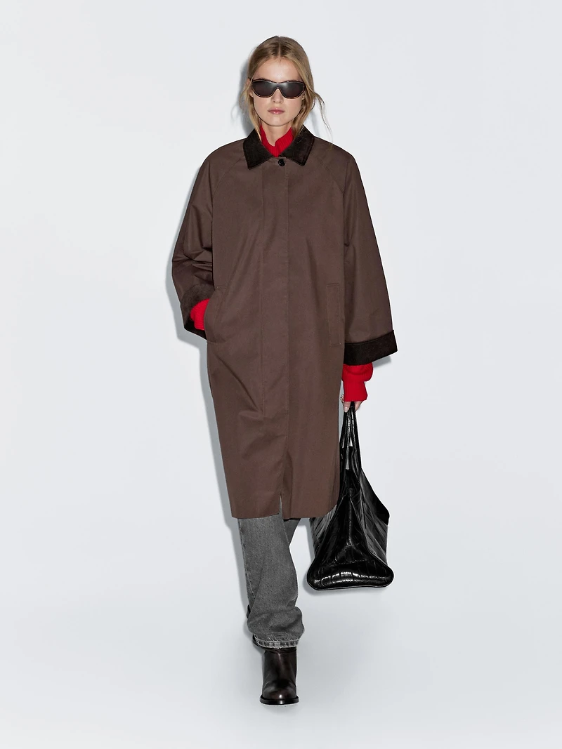 Long waxed parka with corduroy detail