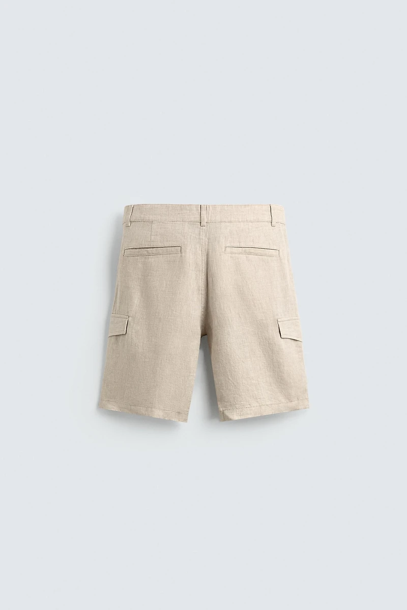 REGULAR FIT 100% LINEN CARGO SHORTS
