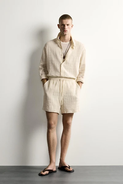 RELAXED FIT CHECKERED LINEN-COTTON JACQUARD SHIRT