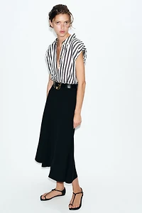COMBINED STRIPED BELTED MIDI DRESS