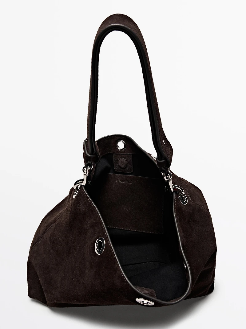 Split suede leather bag with eyelets