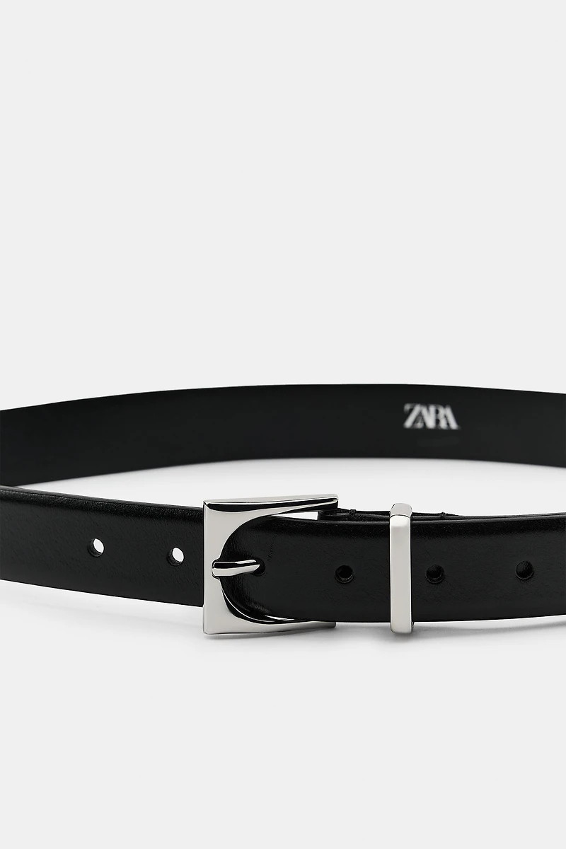 100% LEATHER BELT WITH GEOMETRIC BUCKLE