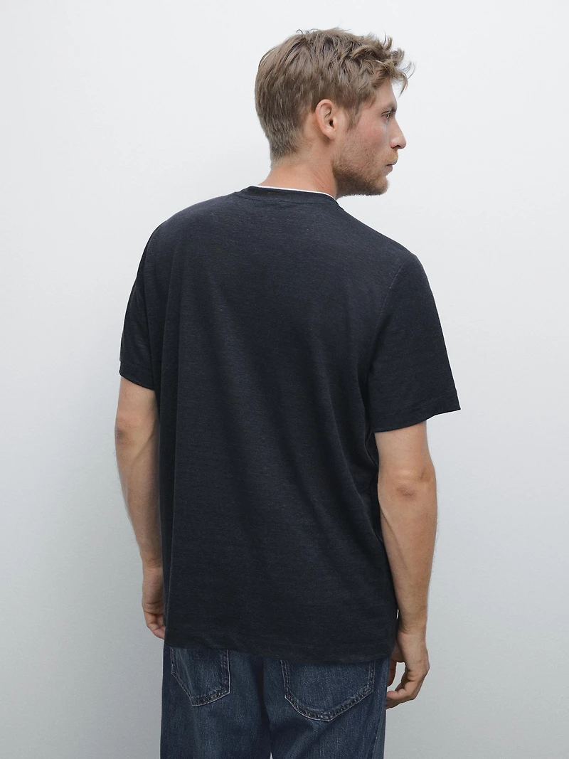 Linen blend contrast knit T-shirt