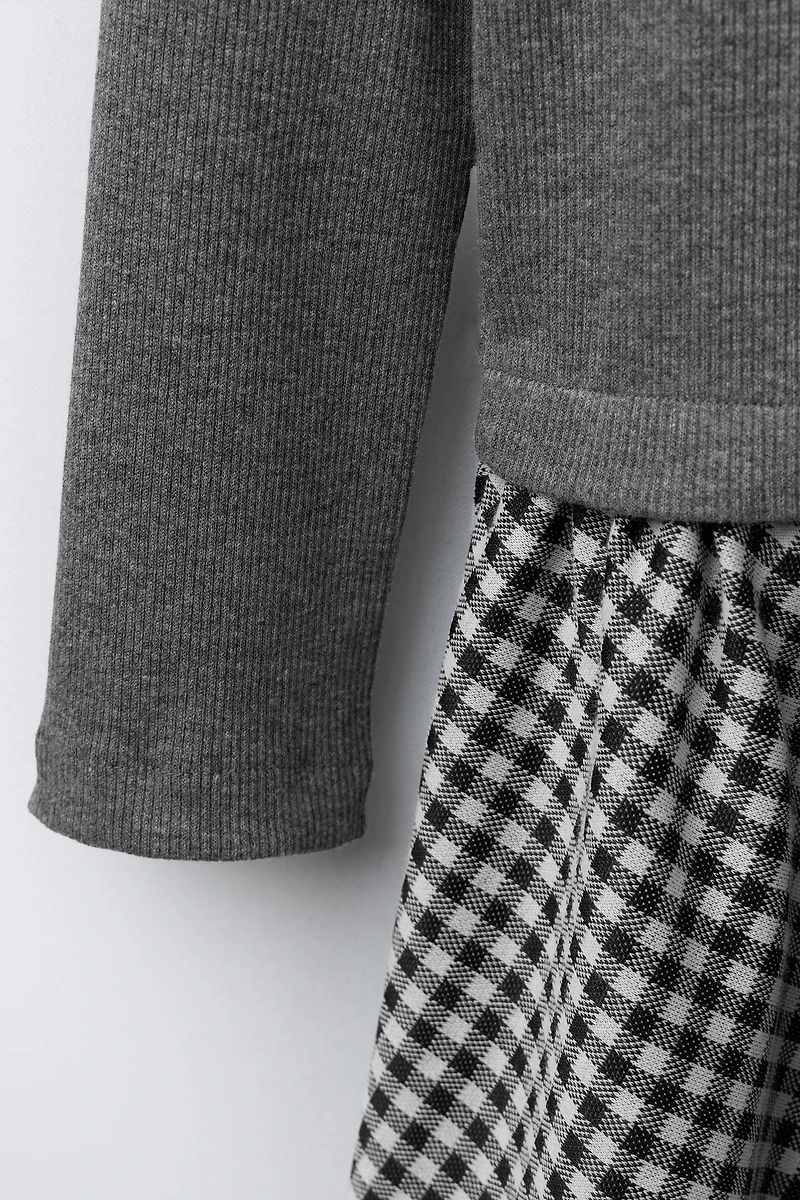 RIB KNIT COMBINATION PLAID SKIRT DRESS