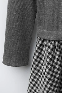 RIB KNIT COMBINATION PLAID SKIRT DRESS