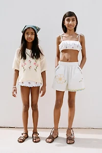 SHORT BRODÉ FLEURS AVEC COTON ET LIN