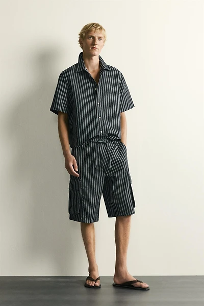 STRIPED COTTON-LINEN DENIM SHIRT