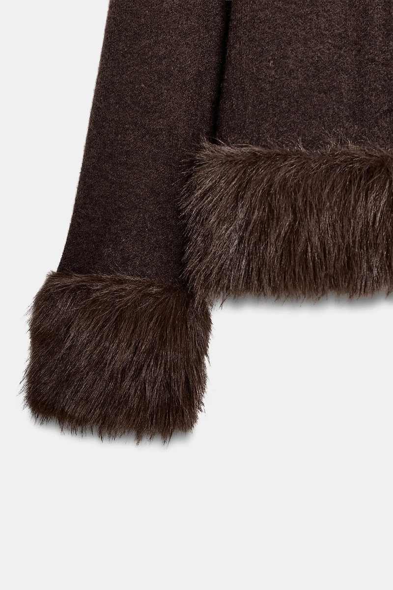 FAUX FUR TRIM KNIT CARDIGAN