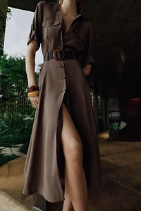 BELTED FLOWY SHIRT DRESS