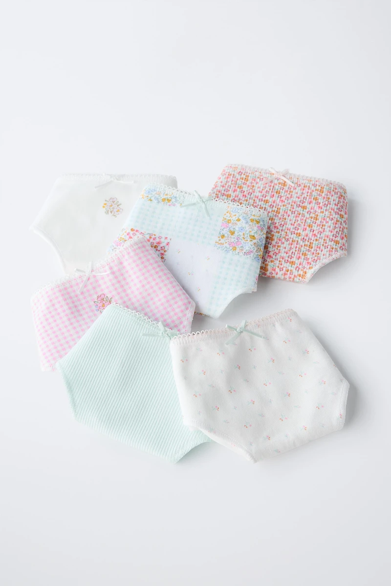 6-14 YEARS/ SIX-PACK OF PATCHWORK AND RIBBED FLORAL UNDERWEAR