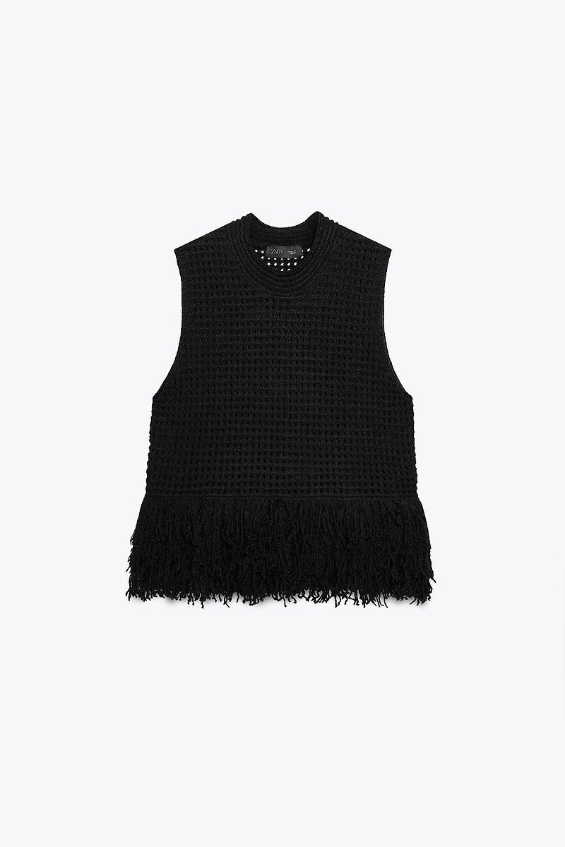 FRINGED CHECK KNIT TOP