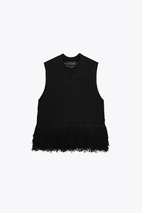 FRINGED CHECK KNIT TOP