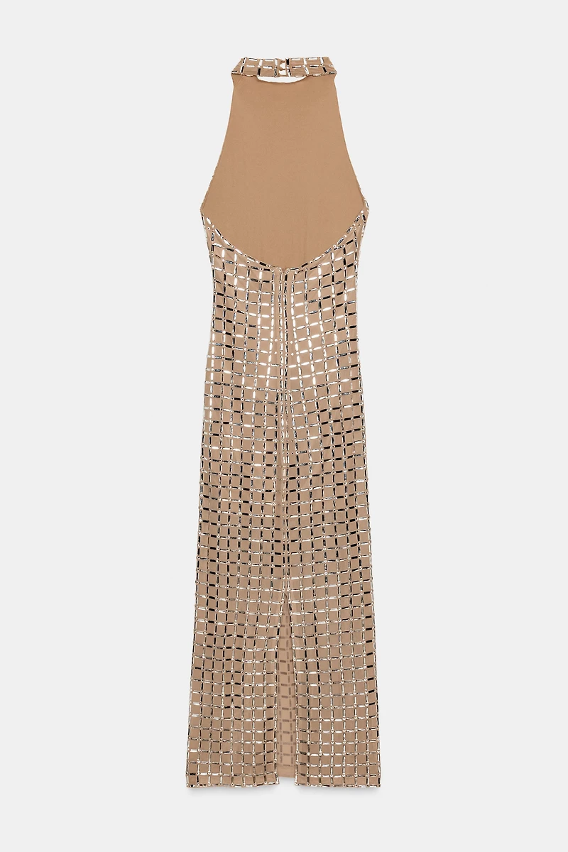 SPARKLY MESH HALTER MIDI DRESS