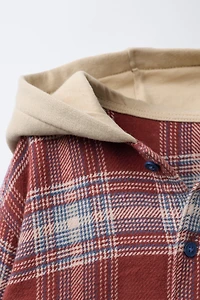 CONTRAST FLEECE HOODED PLAID OVERSHIRT