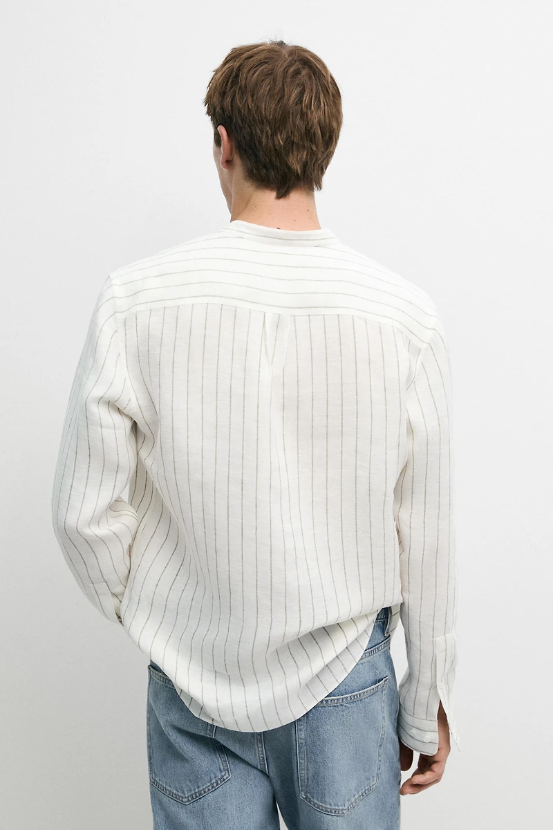 100% linen striped stand collar shirt