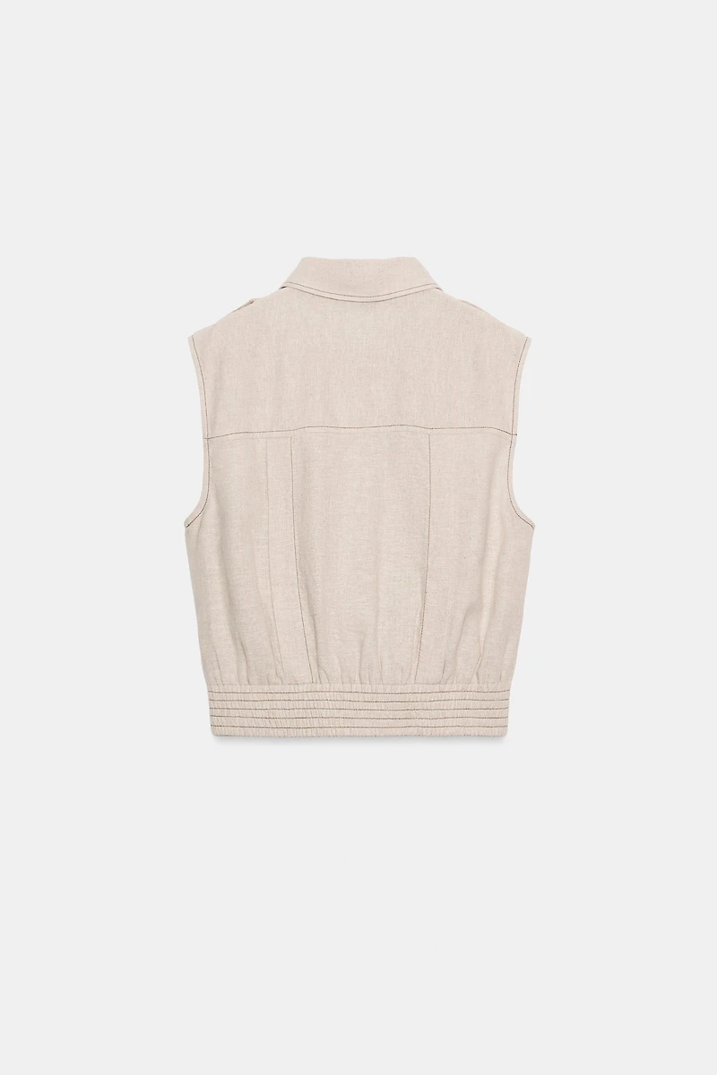 LINEN TOP WITH TOPSTITCHING