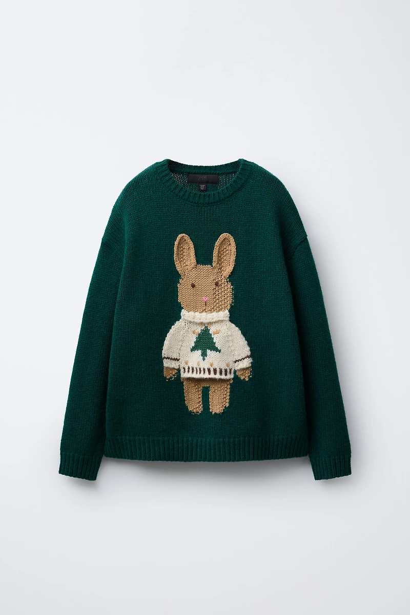 AGES 7-12/ WOOL KNIT JUMPER WITH EMBROIDERED BUNNY
