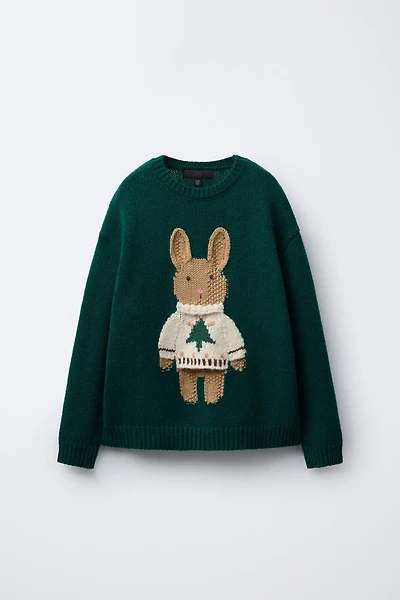 AGES 7-12/ WOOL KNIT JUMPER WITH EMBROIDERED BUNNY