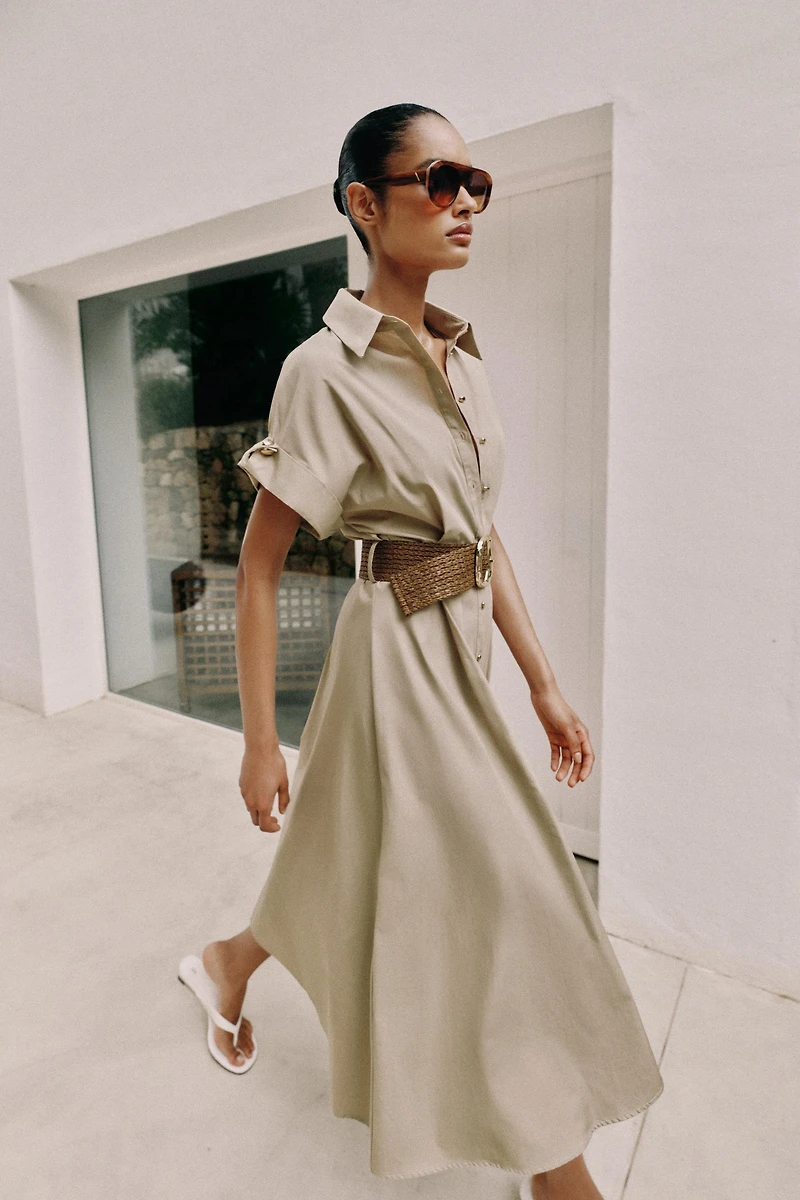 BELTED POPLIN MIDI DRESS