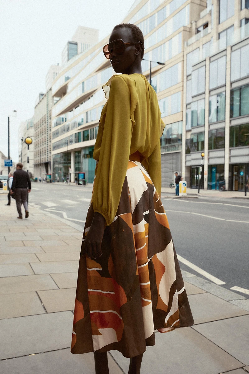 PRINTED POPLIN BELTED SKIRT