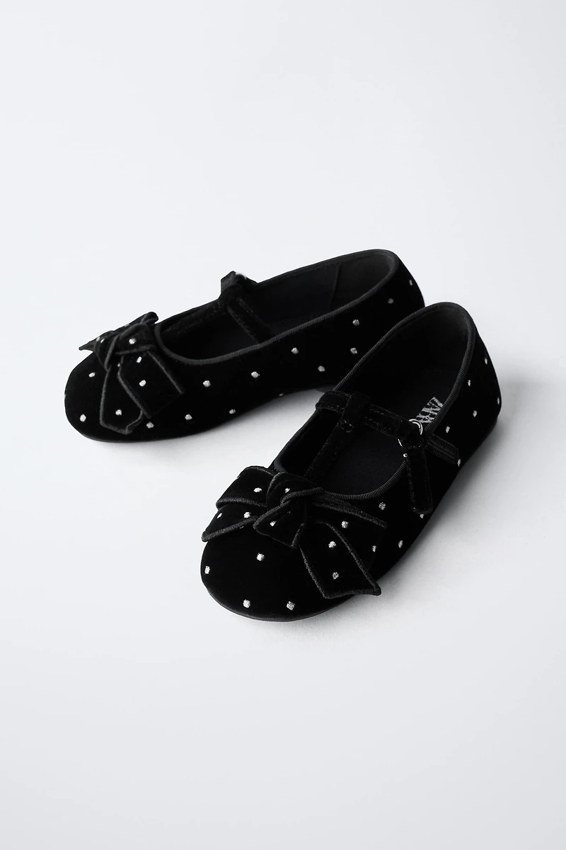 VELVET T-BAR BALLET FLATS WITH BOW