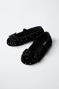 VELVET T-BAR BALLET FLATS WITH BOW