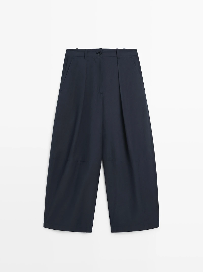 Cotton blend wide-leg trousers
