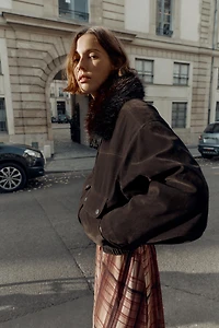 OVERSIZED BOMBER JACKET WITH FAUX FUR LAPEL