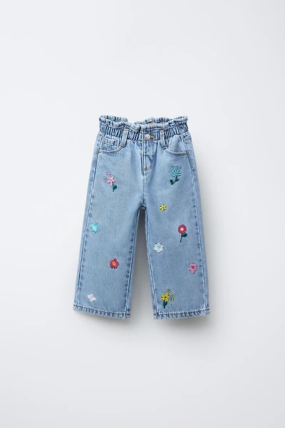 EMBROIDERED FLOWER PAPERBAG JEANS