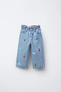 EMBROIDERED FLOWER PAPERBAG JEANS