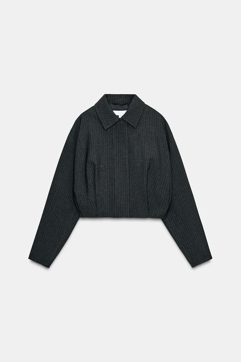 CROPPED PINSTRIPE BALLOON BOMBER JACKET