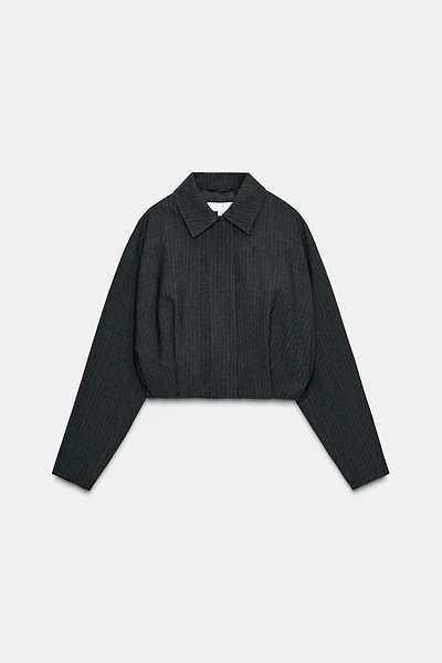 CROPPED PINSTRIPE BALLOON BOMBER JACKET