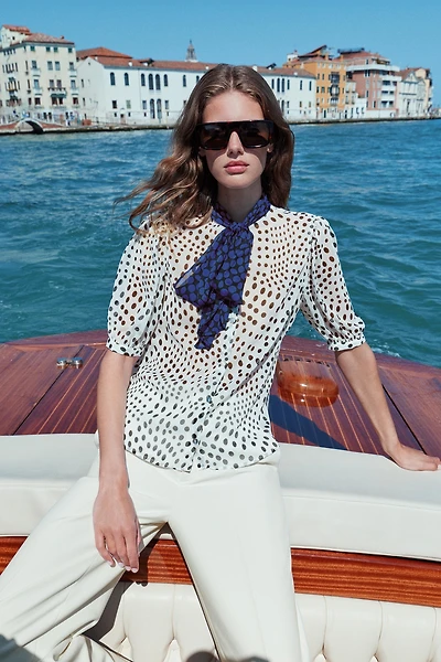 CONTRAST BOW POLKA DOT BLOUSE