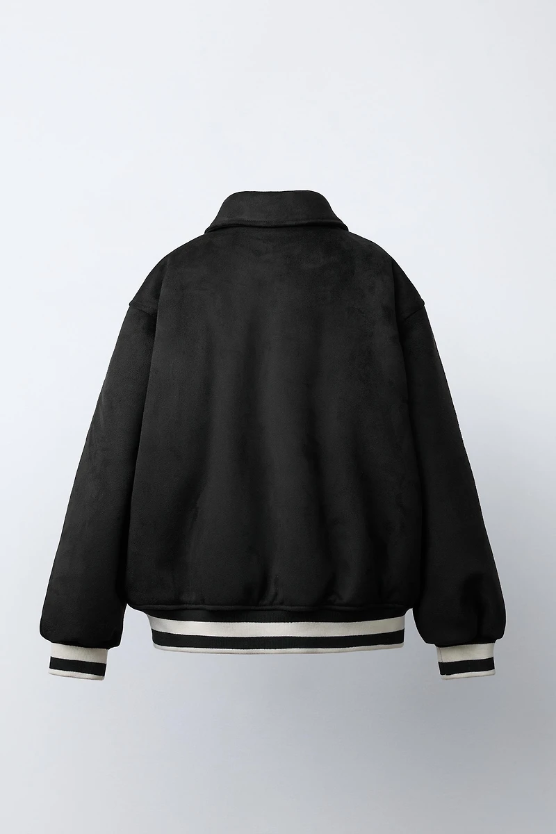 EMBROIDERED TEXT FAUX SUEDE BOMBER JACKET