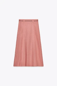 LINEN BELTED MIDI SKIRT