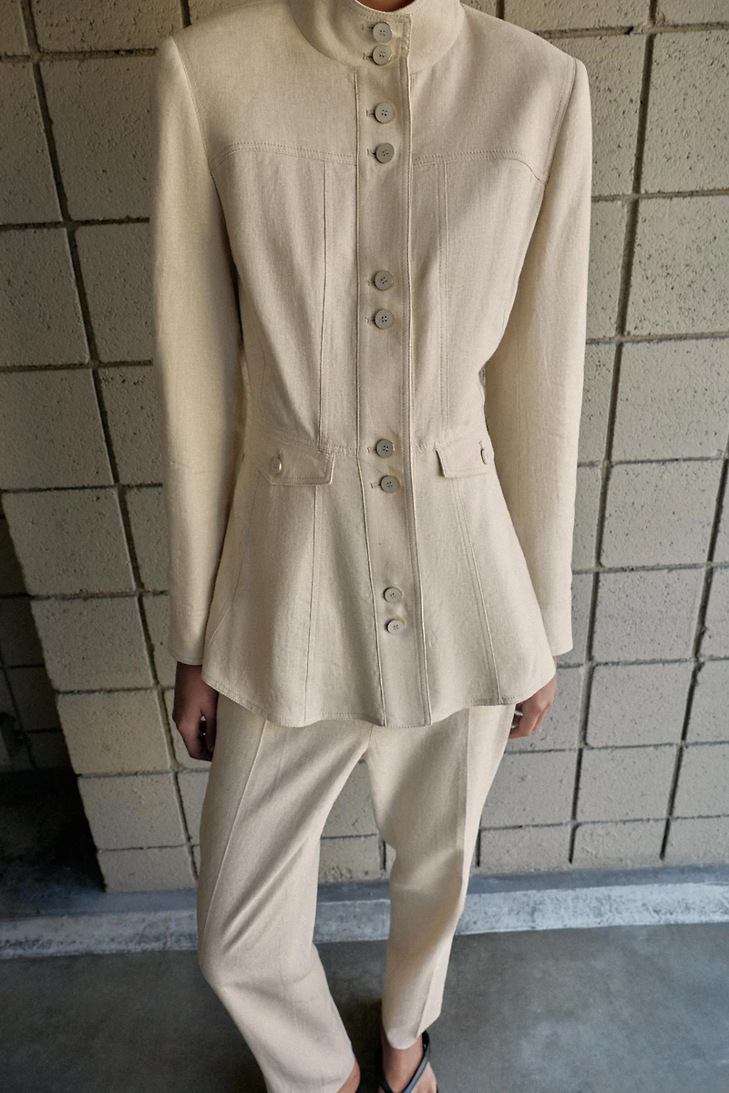 FITTED LINEN JACKET WITH SHOULDER PADS
