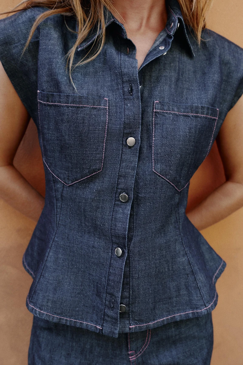LINEN BLEND PEPLUM SHIRT WITH SHOULDER PADS