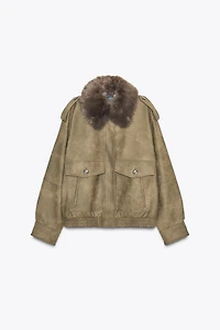 REMOVABLE COLLAR FAUX SUEDE JACKET