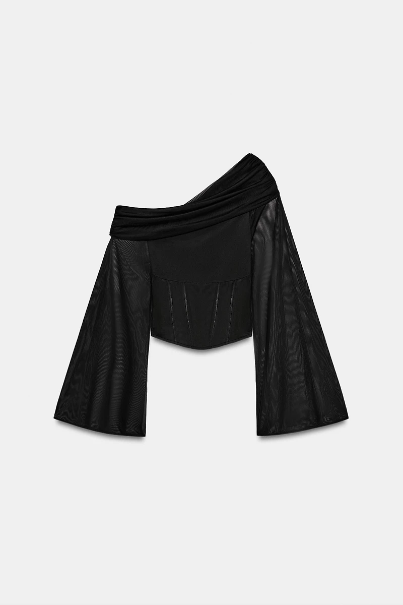 ASYMMETRIC DRAPED TULLE TOP