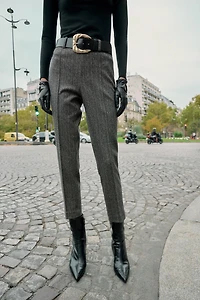 HERRINGBONE BELTED PANTS