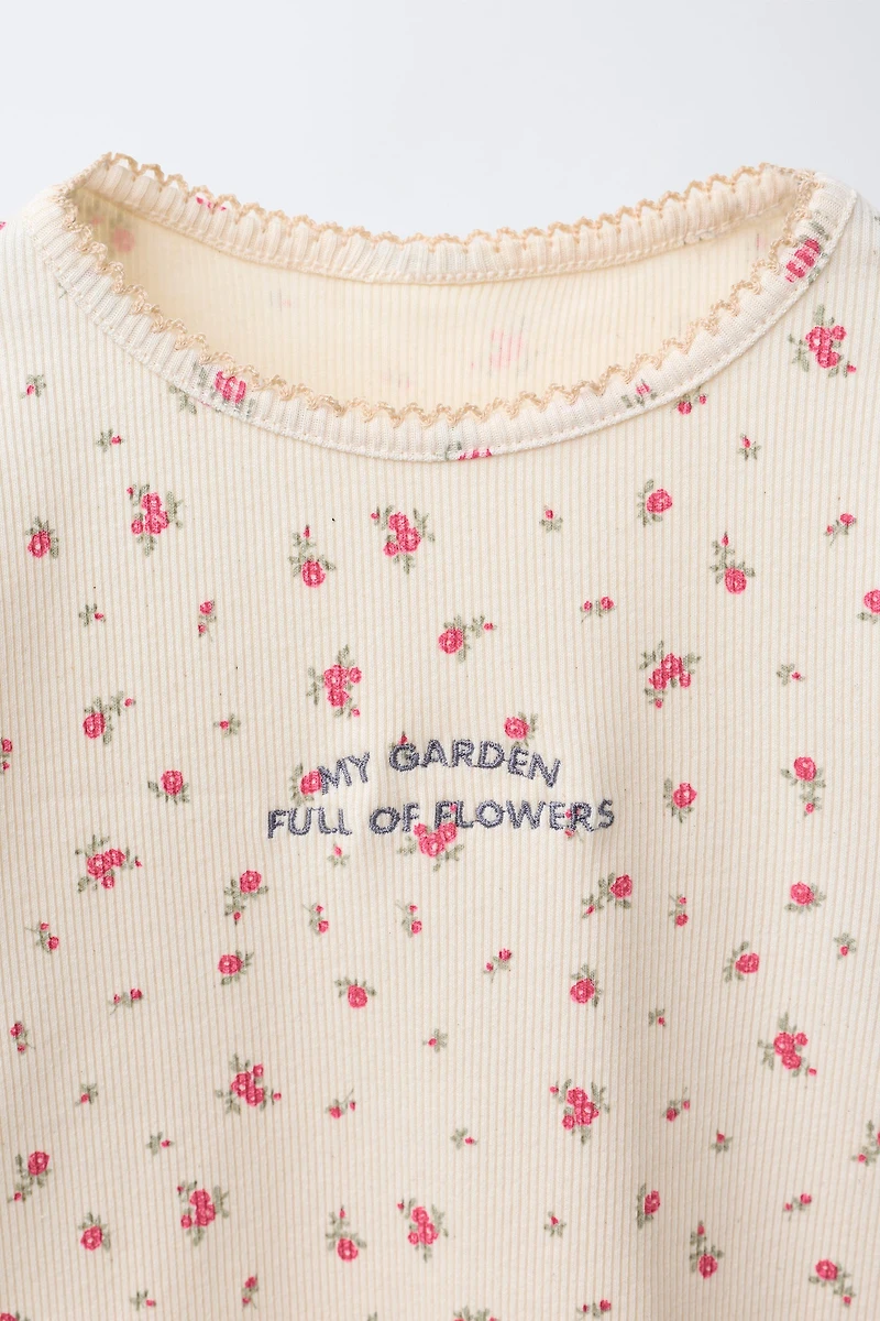 FLORAL TEXT EMBROIDERED RIBBED T-SHIRT