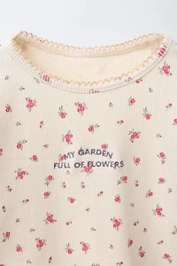 FLORAL TEXT EMBROIDERED RIBBED T-SHIRT