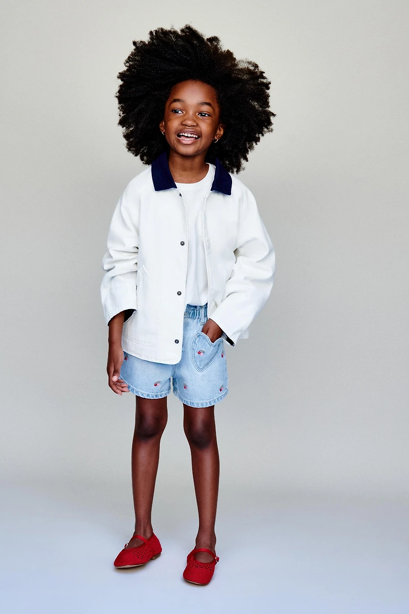 EMBROIDERED CHERRY PAPERBAG DENIM SHORTS