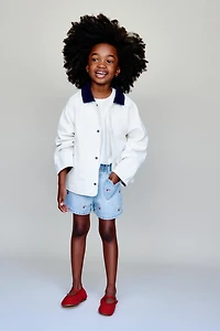 EMBROIDERED CHERRY PAPERBAG DENIM SHORTS