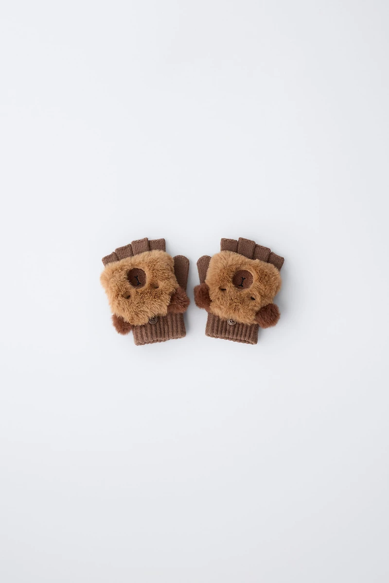 CAPYBARA FUR EFFECT MITTEN GLOVES